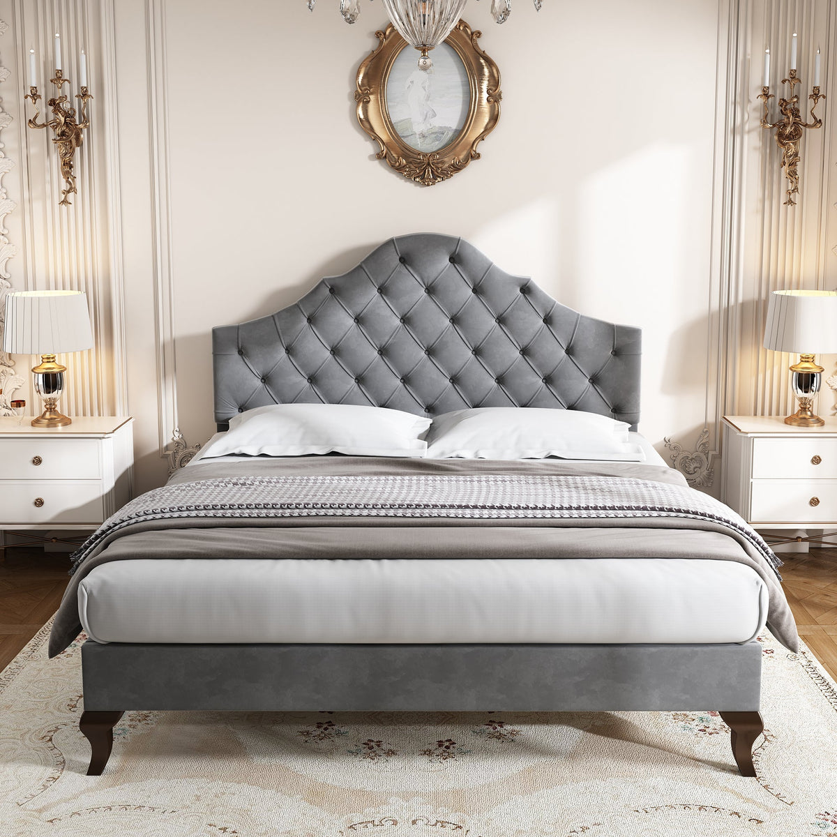 Upholstered Bed with Slatted Frame and Height-Adjustable Headboard, 140x200, Gray Velvet