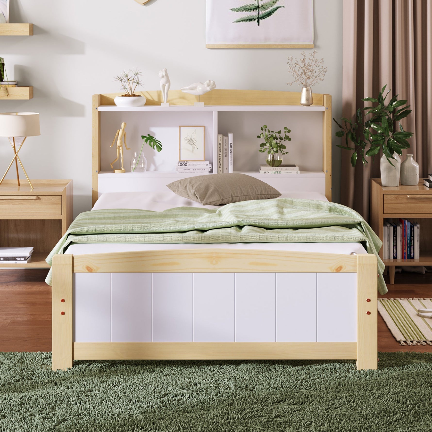 Single Bed with Storage Headboard, 90x200cm Solid Pine, Natural and White