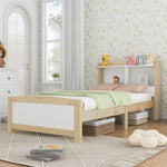 Wooden bed in a child's bedroom with toys and books on a shelf.
