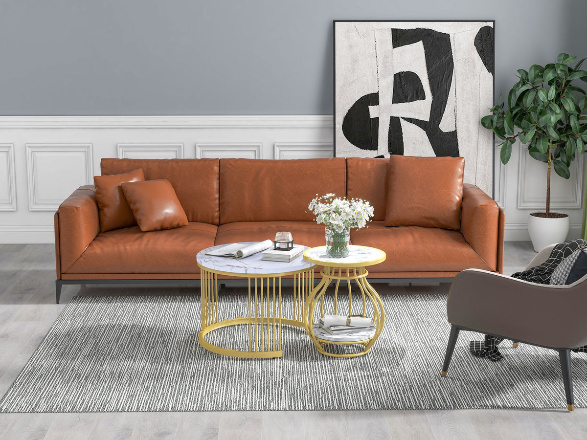 Set of 2 Round Coffee Tables, Modern Nesting Design with Metal Frame, White Gold Marble Look
