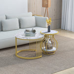 Set of 2 Round Coffee Tables, Modern Nesting Design with Metal Frame, White Gold Marble Look
