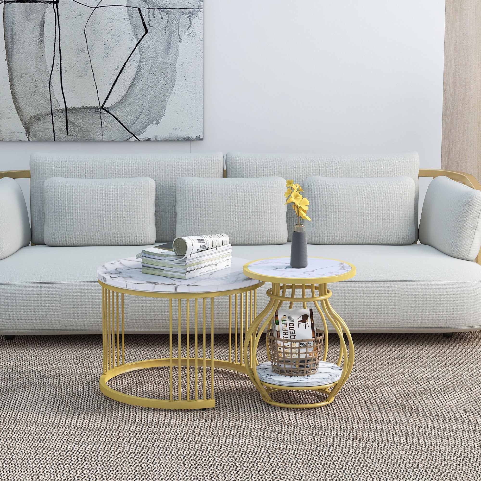 Set of 2 Round Coffee Tables, Modern Nesting Design with Metal Frame, White Gold Marble Look