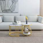 Set of 2 Round Coffee Tables, Modern Nesting Design with Metal Frame, White Gold Marble Look