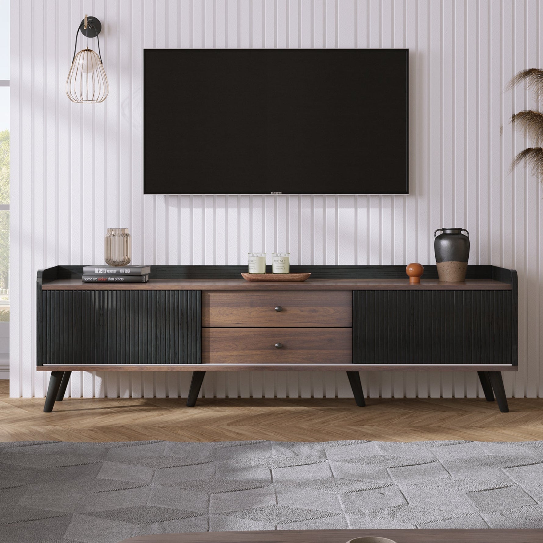 TV Cabinet, Two Drawers Sliding Doors Lowboard, Black and Natural Wood