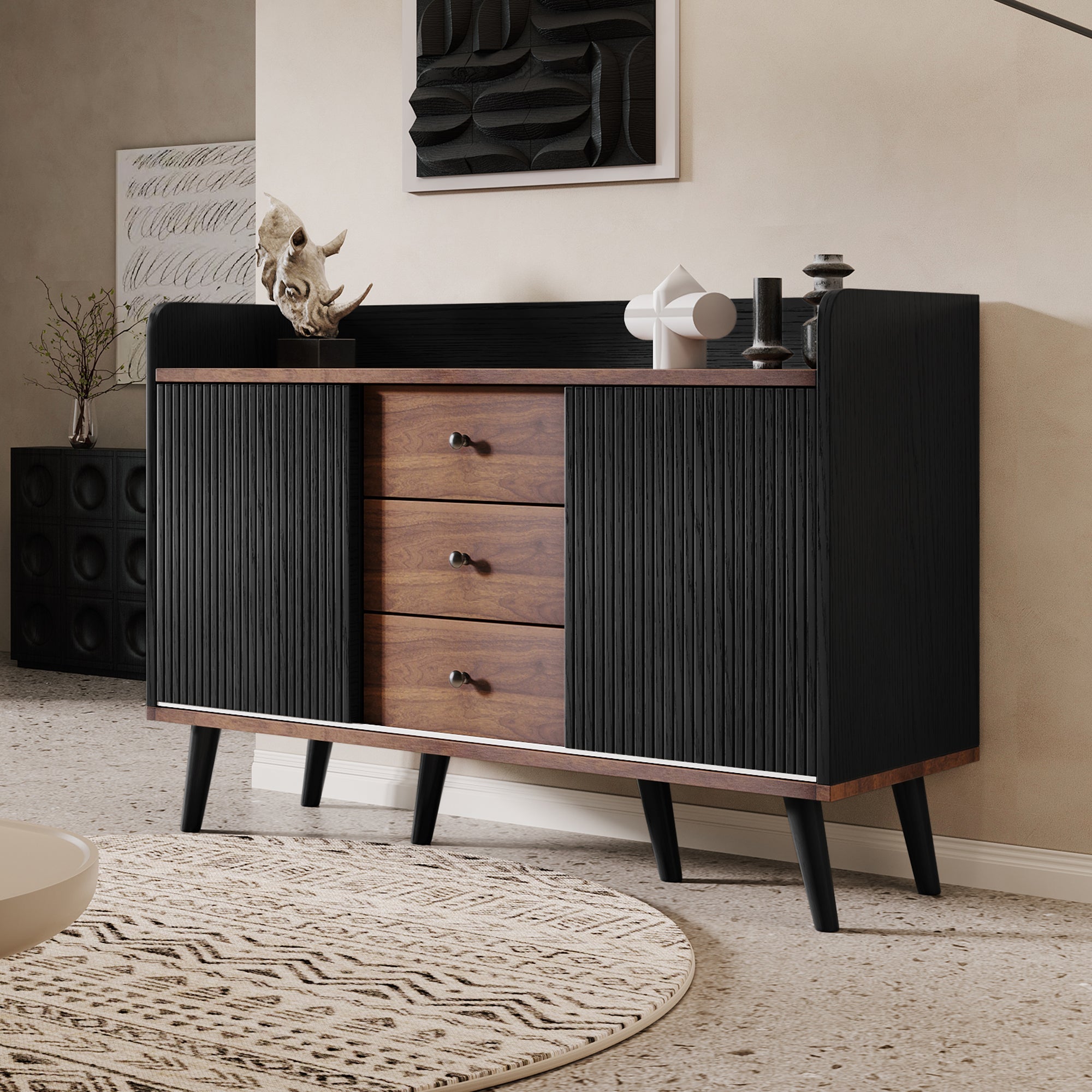 Sideboard with Three Drawers, Storage Shelves, Wood-Colored