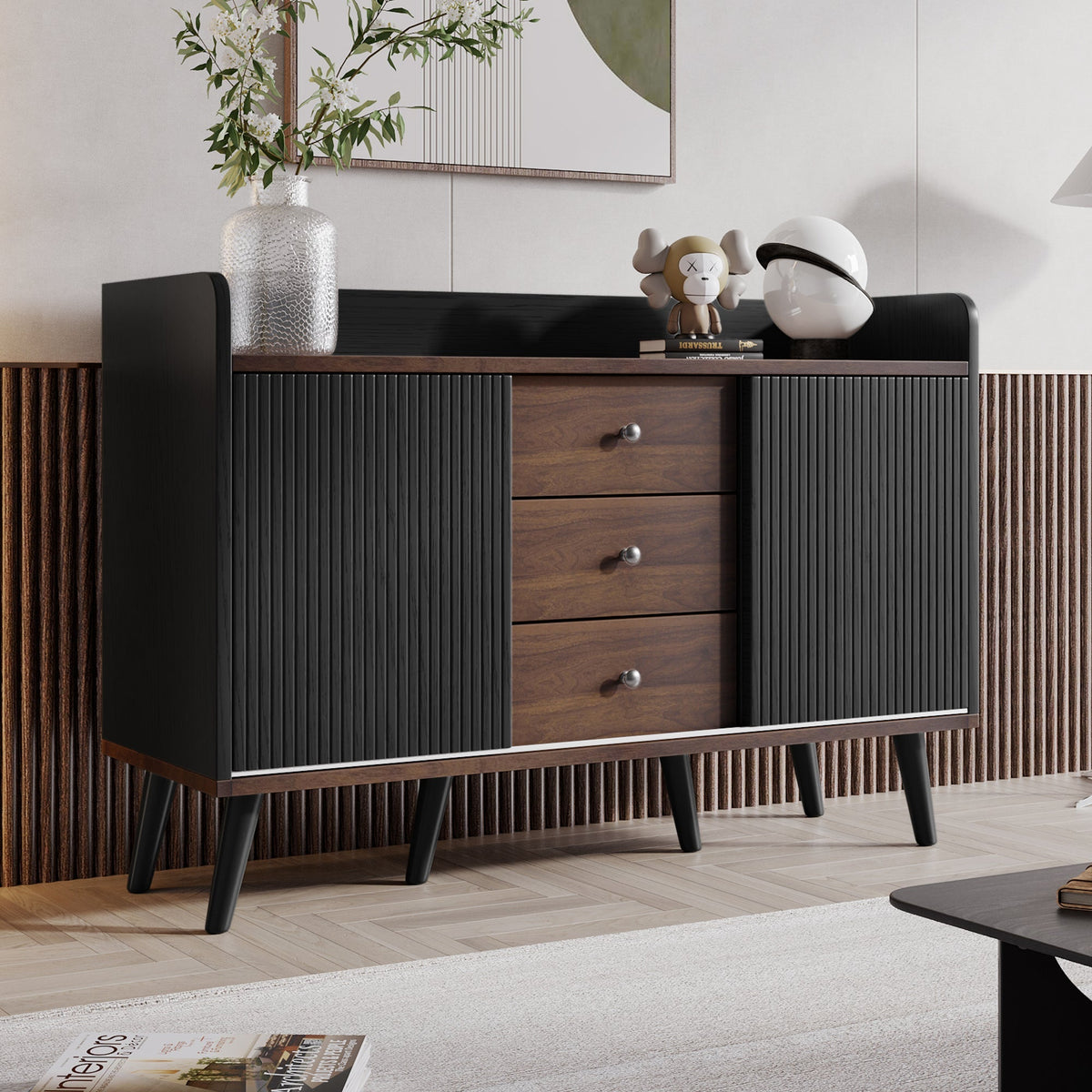 Sideboard with Three Drawers, Storage Shelves, Wood-Colored