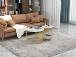 Set of 2 Round Coffee Tables, Modern Nesting Design with Metal Frame, White Gold Marble Look