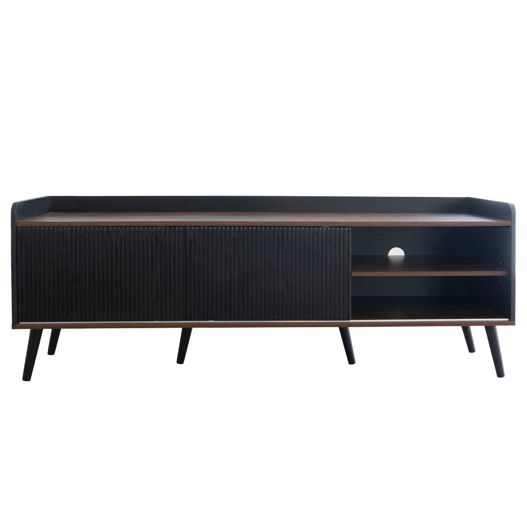 TV Cabinet, Two Drawers Sliding Doors Lowboard, Black and Natural Wood