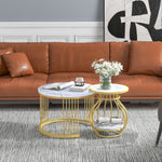 Set of 2 Round Coffee Tables, Modern Nesting Design with Metal Frame, White Gold Marble Look