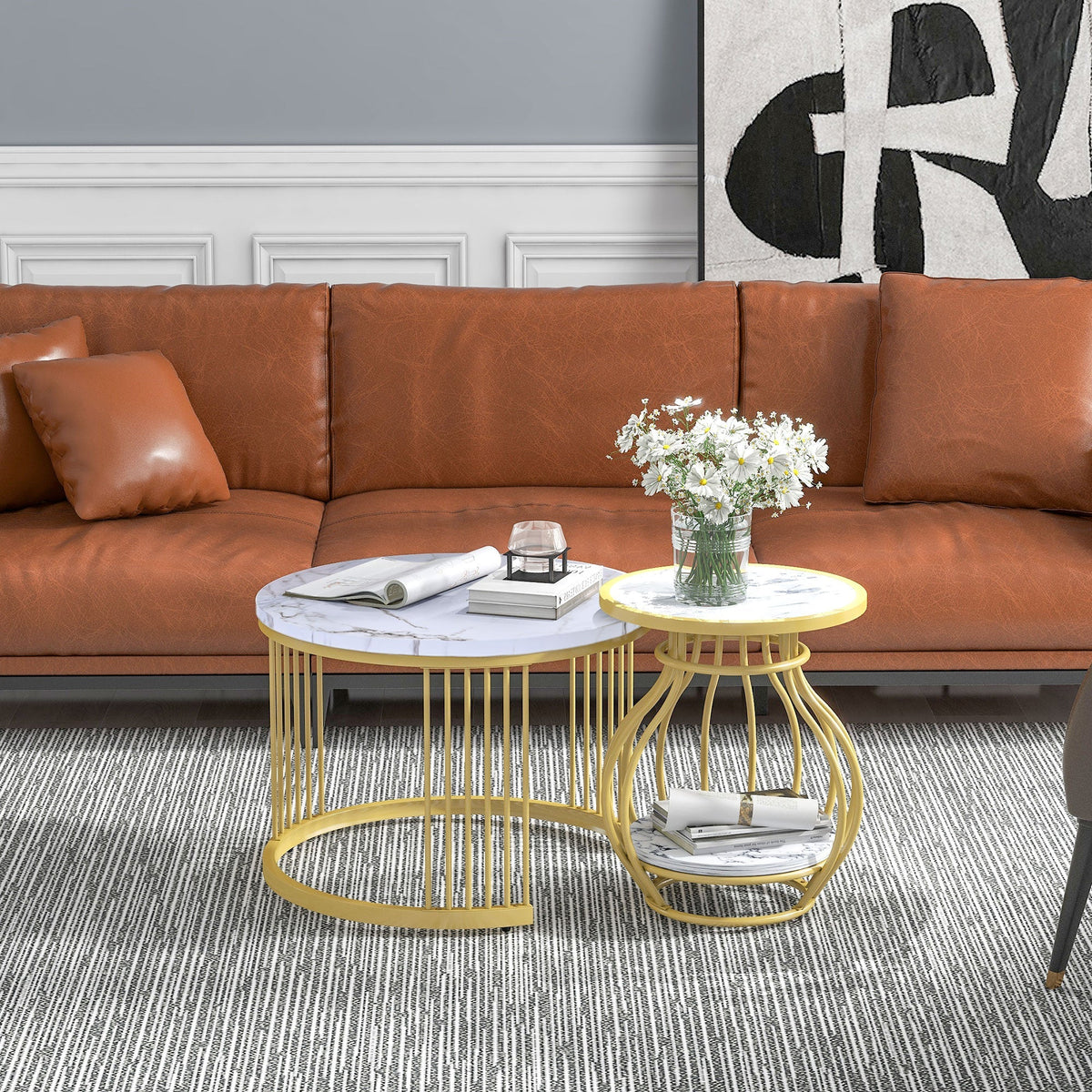Set of 2 Round Coffee Tables, Modern Nesting Design with Metal Frame, White Gold Marble Look