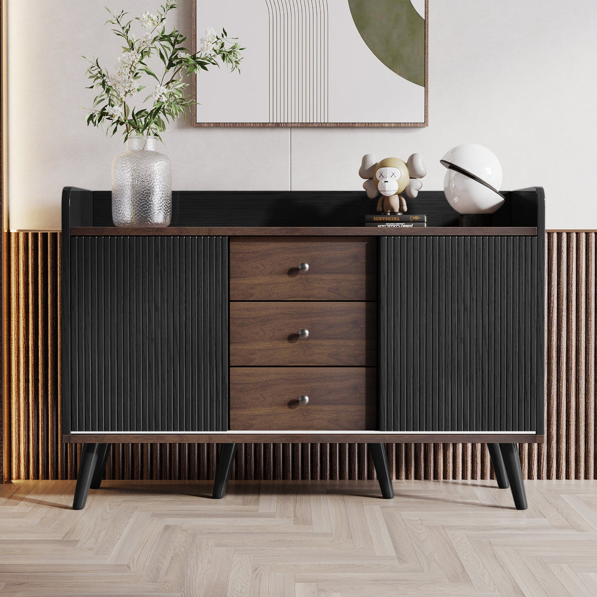 Sideboard with Three Drawers, Storage Shelves, Wood-Colored