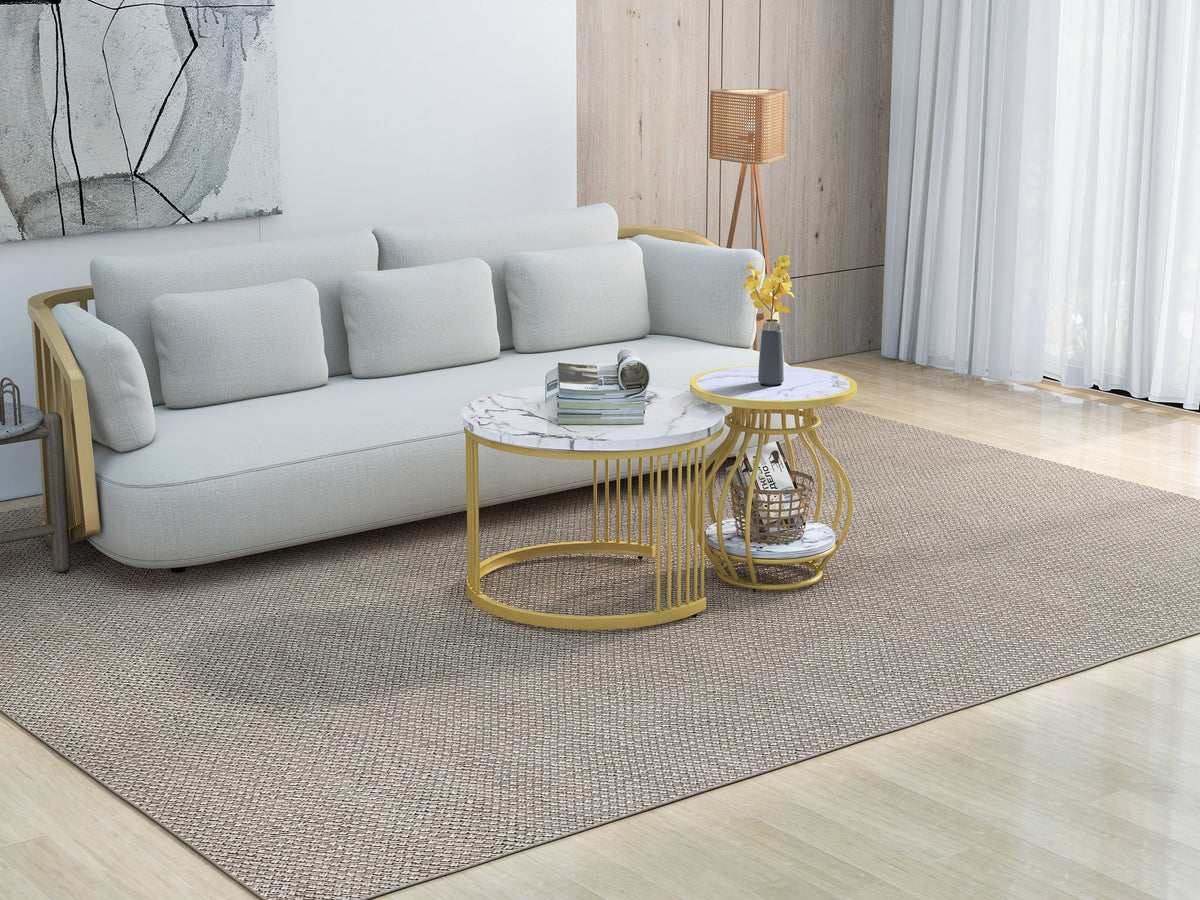 Set of 2 Round Coffee Tables, Modern Nesting Design with Metal Frame, White Gold Marble Look