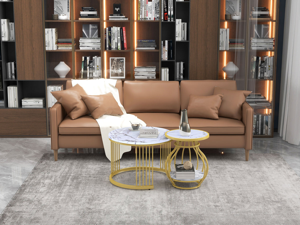 Set of 2 Round Coffee Tables, Modern Nesting Design with Metal Frame, White Gold Marble Look