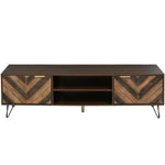 TV cabinet, two doors two compartments low panel, solid wood veneer with gold handles and iron feet