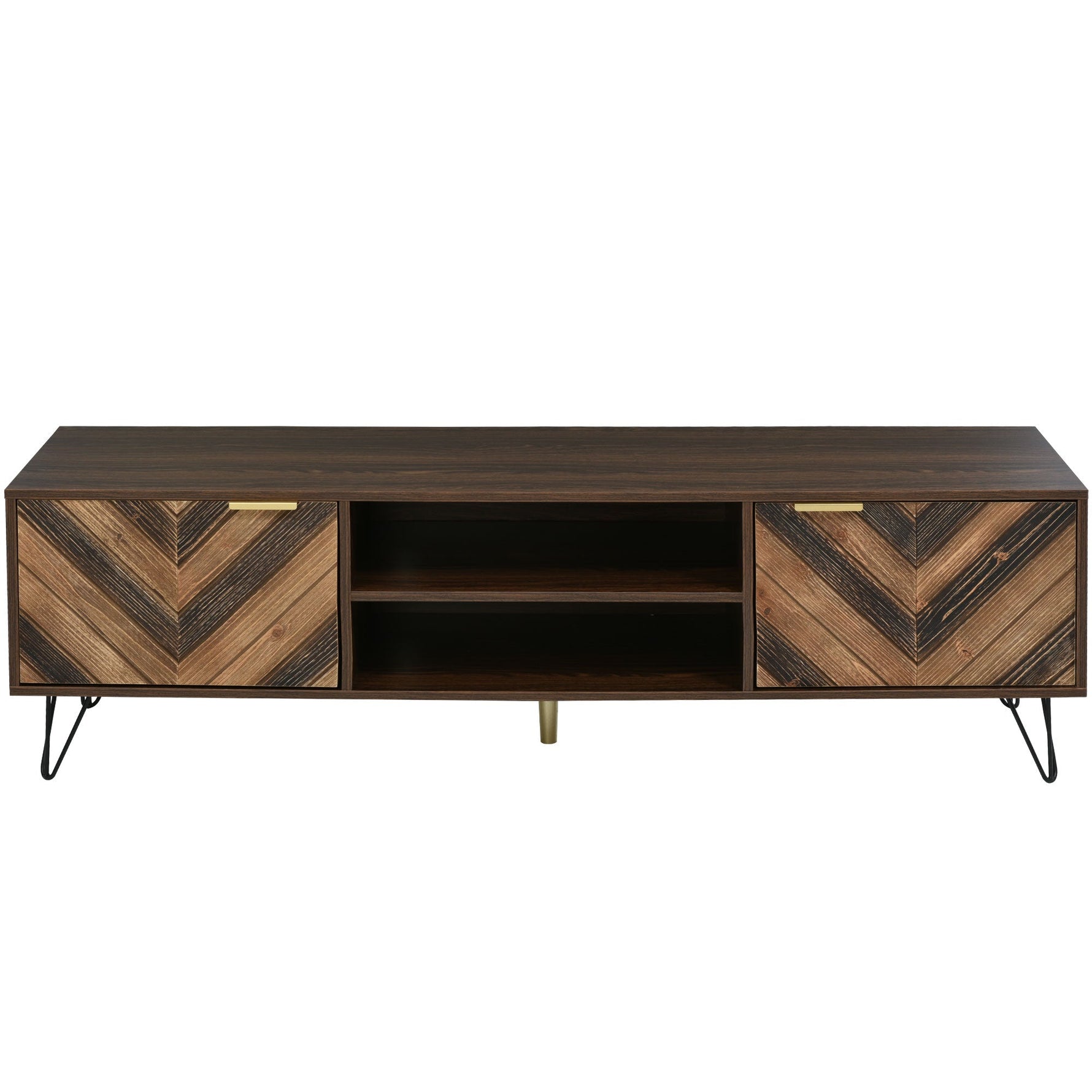 TV cabinet, two doors two compartments low panel, solid wood veneer with gold handles and iron feet