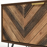 TV cabinet, two doors two compartments low panel, solid wood veneer with gold handles and iron feet