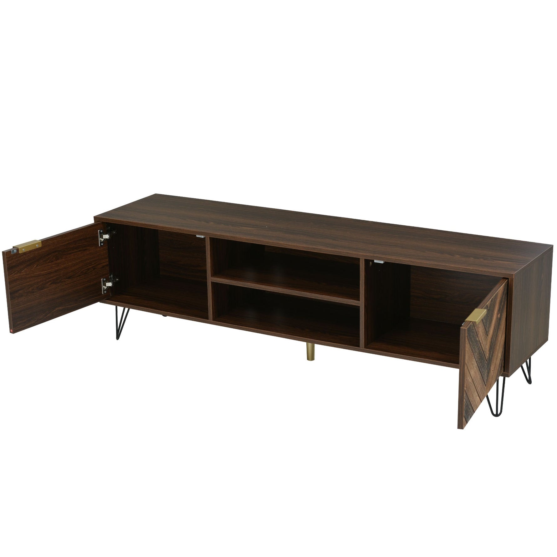 TV cabinet, two doors two compartments low panel, solid wood veneer with gold handles and iron feet