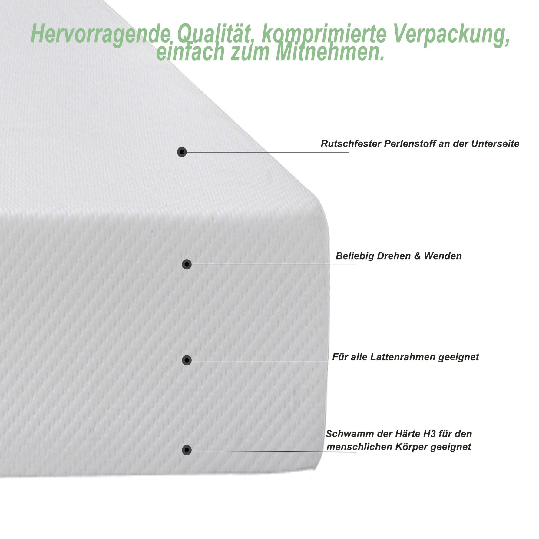 Mattress Comfortable Bedspread with Anti-slip Grips, Oeko-Tex Certified, Ergonomic, Breathable, Durable, Firmness H3, 90x200cm