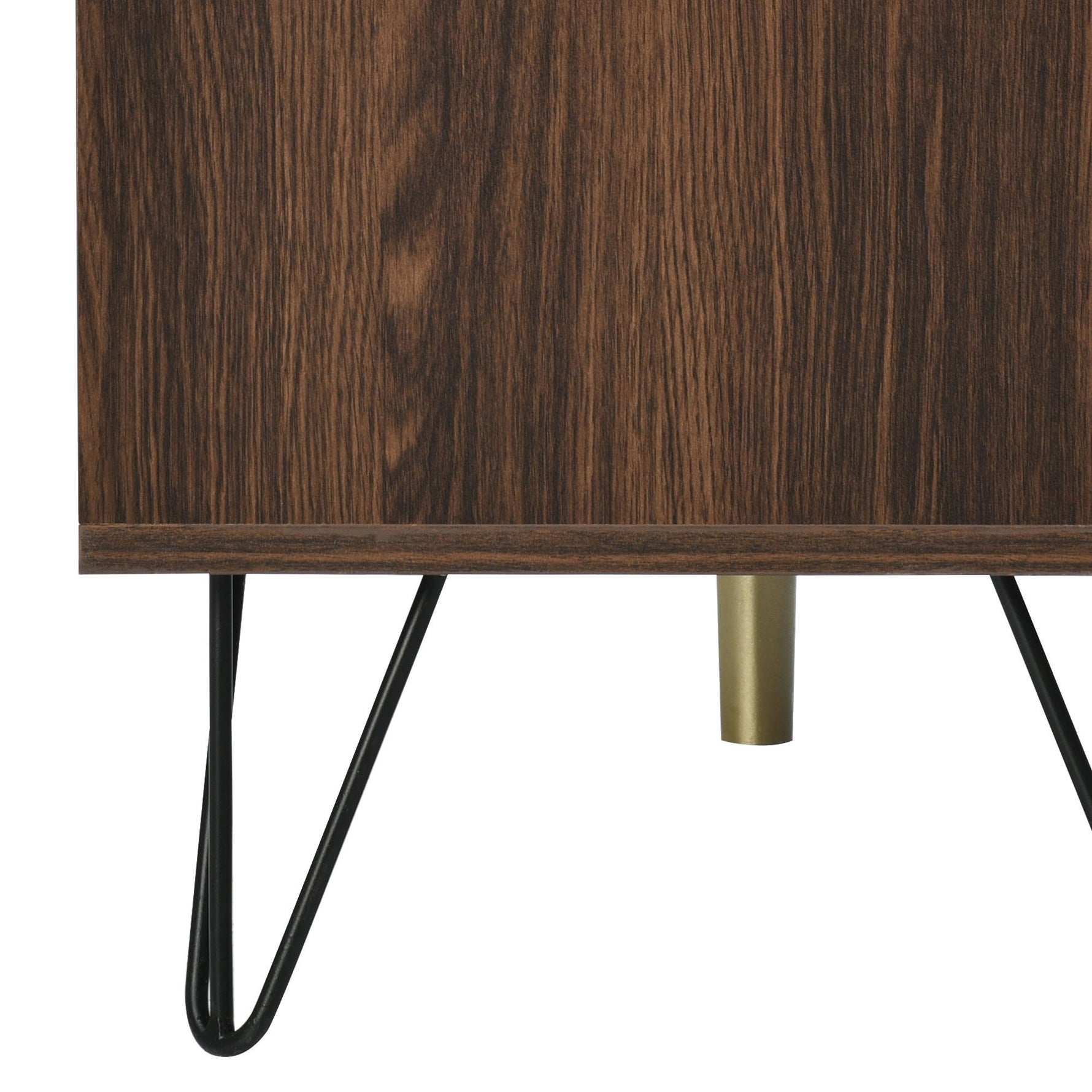 TV cabinet, two doors two compartments low panel, solid wood veneer with gold handles and iron feet