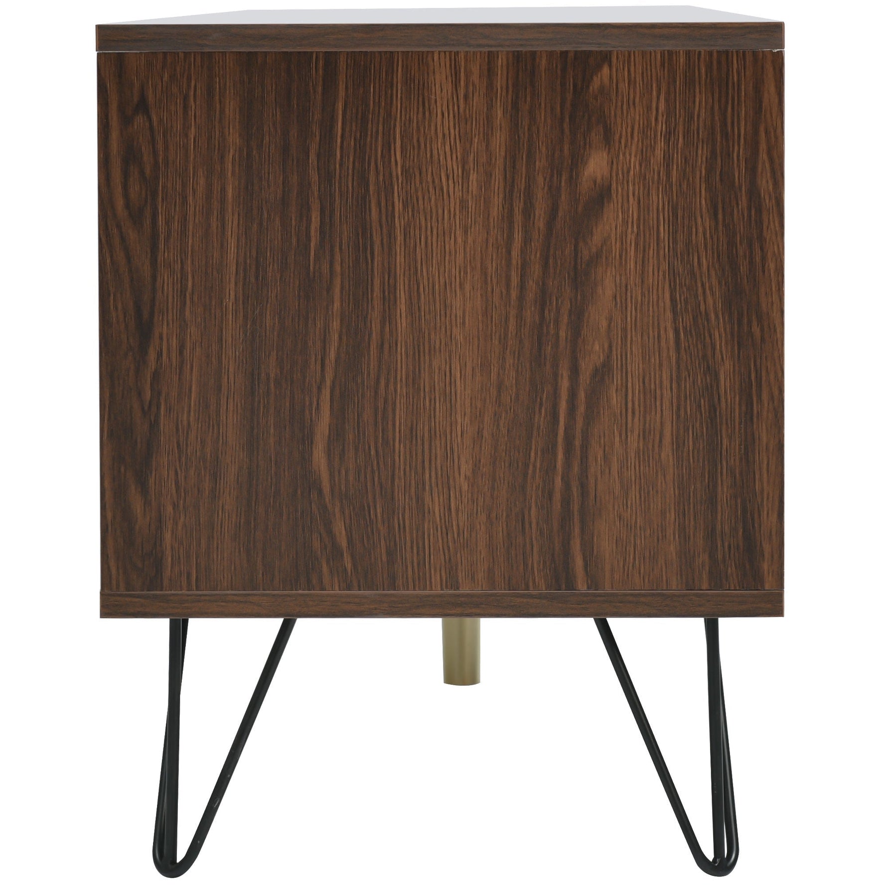TV cabinet, two doors two compartments low panel, solid wood veneer with gold handles and iron feet