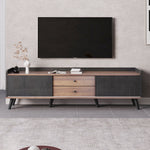 TV Cabinet, Two Drawers Sliding Doors Lowboard, Black and Natural Wood