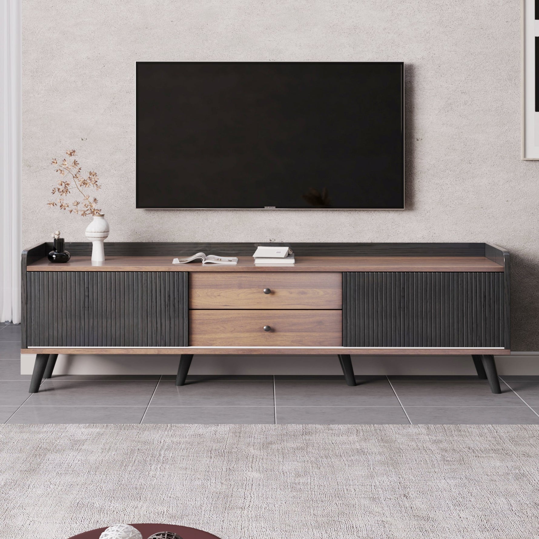 TV Cabinet, Two Drawers Sliding Doors Lowboard, Black and Natural Wood