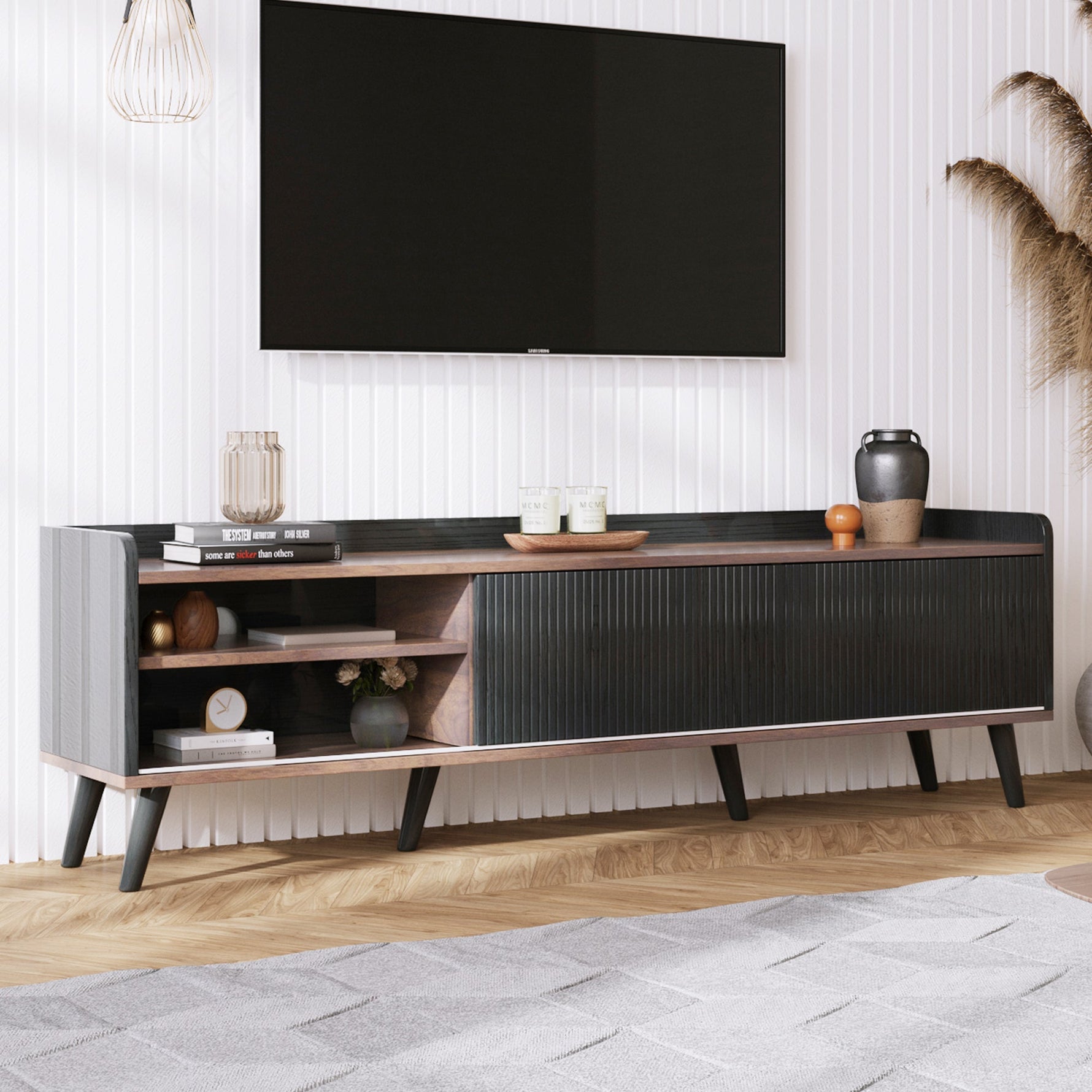 TV Cabinet, Two Drawers Sliding Doors Lowboard, Black and Natural Wood