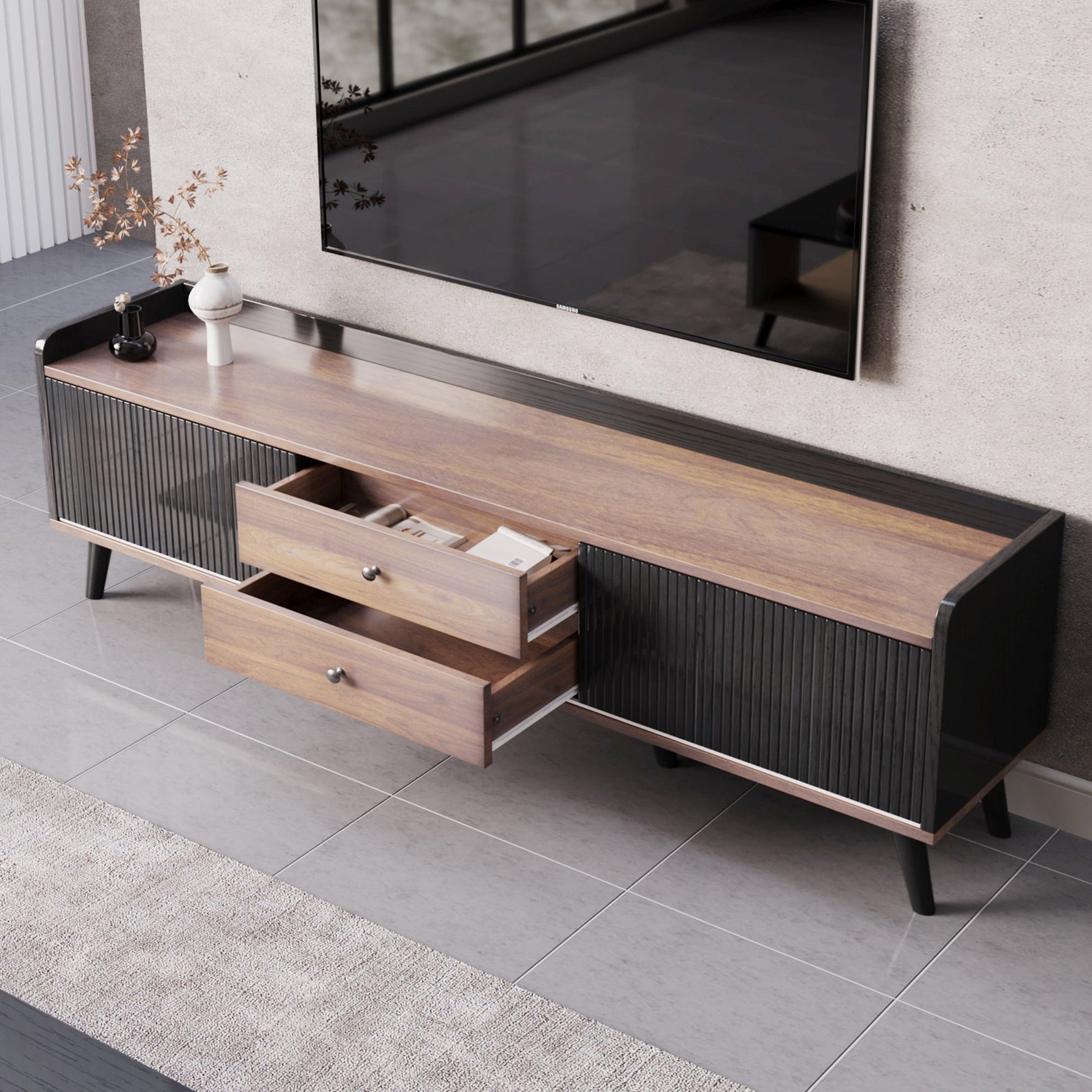 TV Cabinet, Two Drawers Sliding Doors Lowboard, Black and Natural Wood
