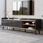 TV Cabinet, Two Drawers Sliding Doors Lowboard, Black and Natural Wood