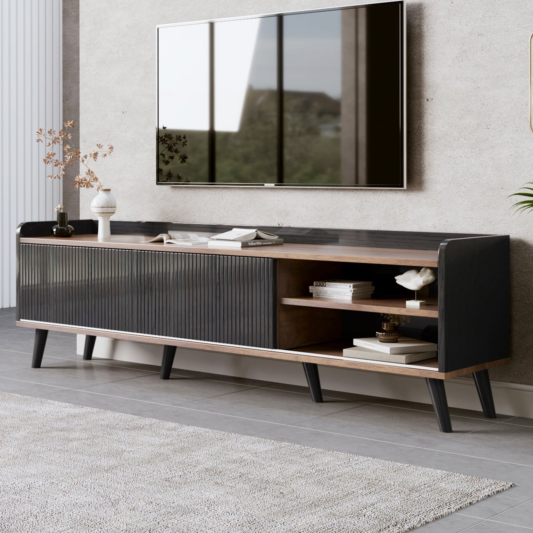 TV Cabinet, Two Drawers Sliding Doors Lowboard, Black and Natural Wood