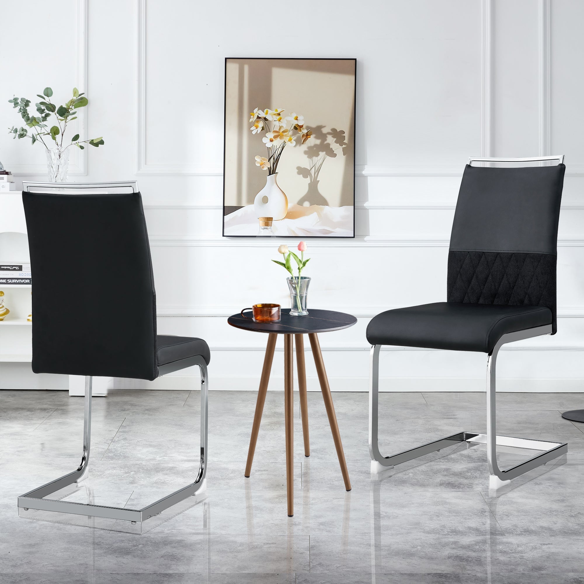 Modern Dining Chairs Set of 2 High-Backed Upholstered Side Chairs with Stripe Backrest PU Leather Linen Black