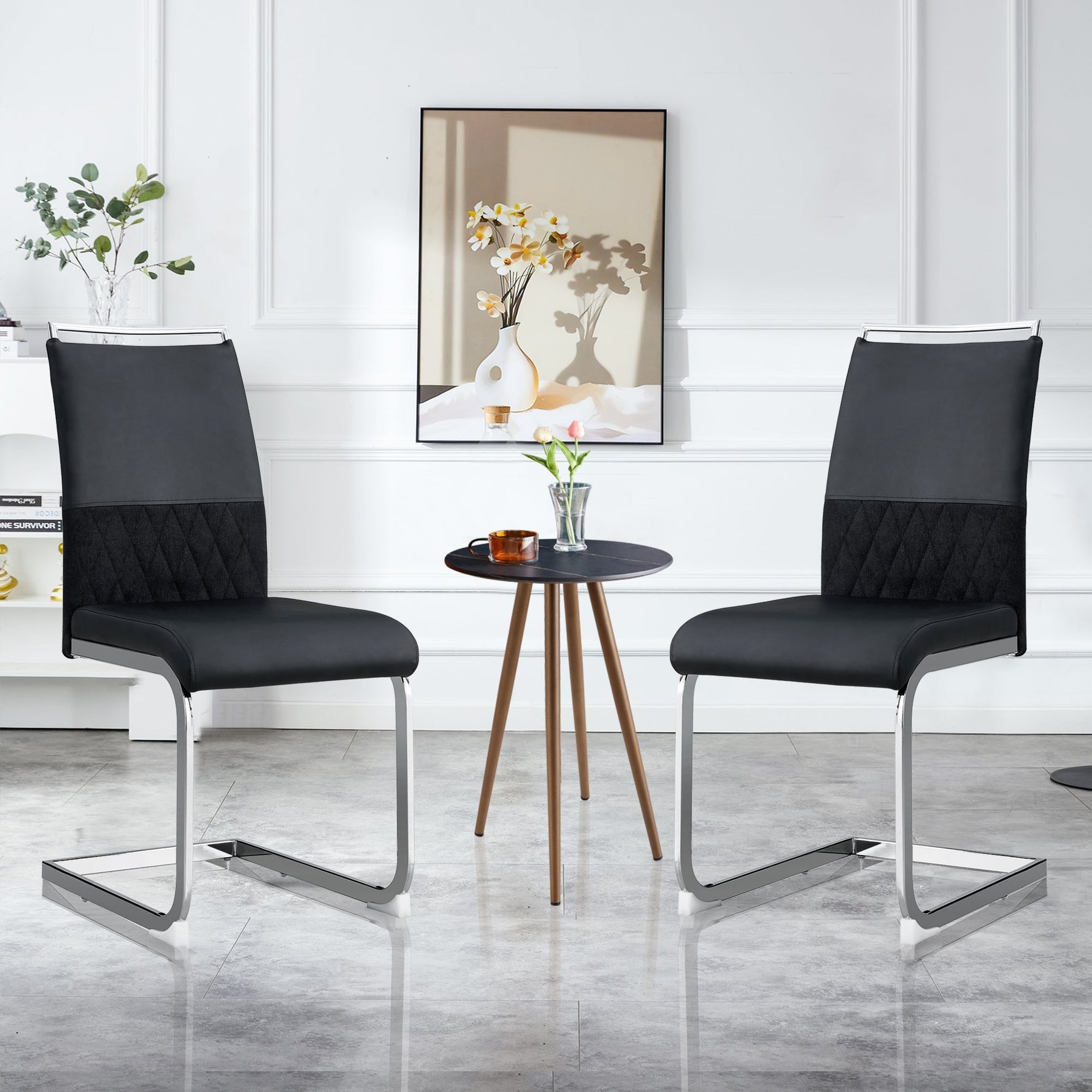 Modern Dining Chairs Set of 2 High-Backed Upholstered Side Chairs with Stripe Backrest PU Leather Linen Black