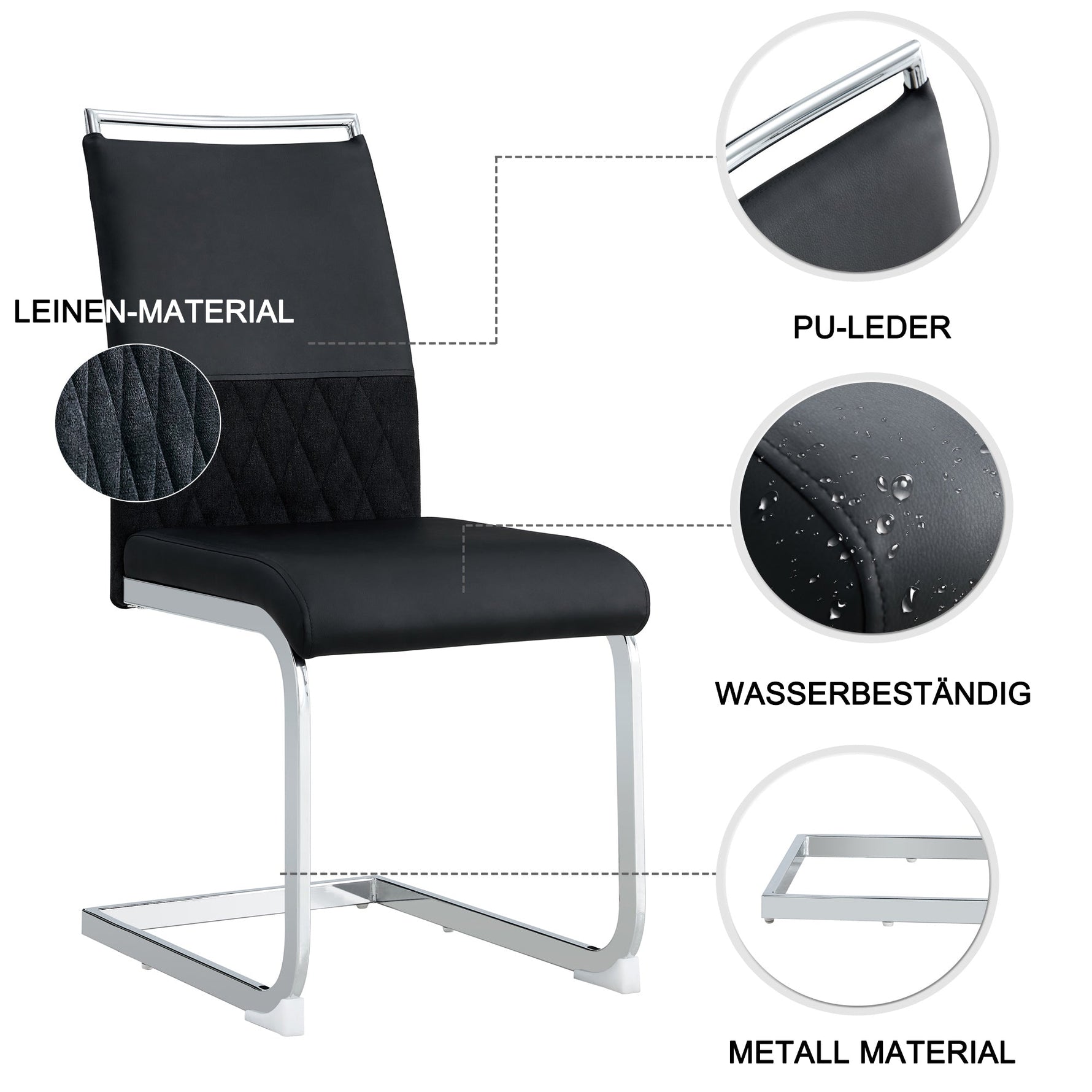 Modern Dining Chairs Set of 4, High-Backed Upholstered Side Chair with Horizontal Stripe Backrest, Black PU Leather and Linen