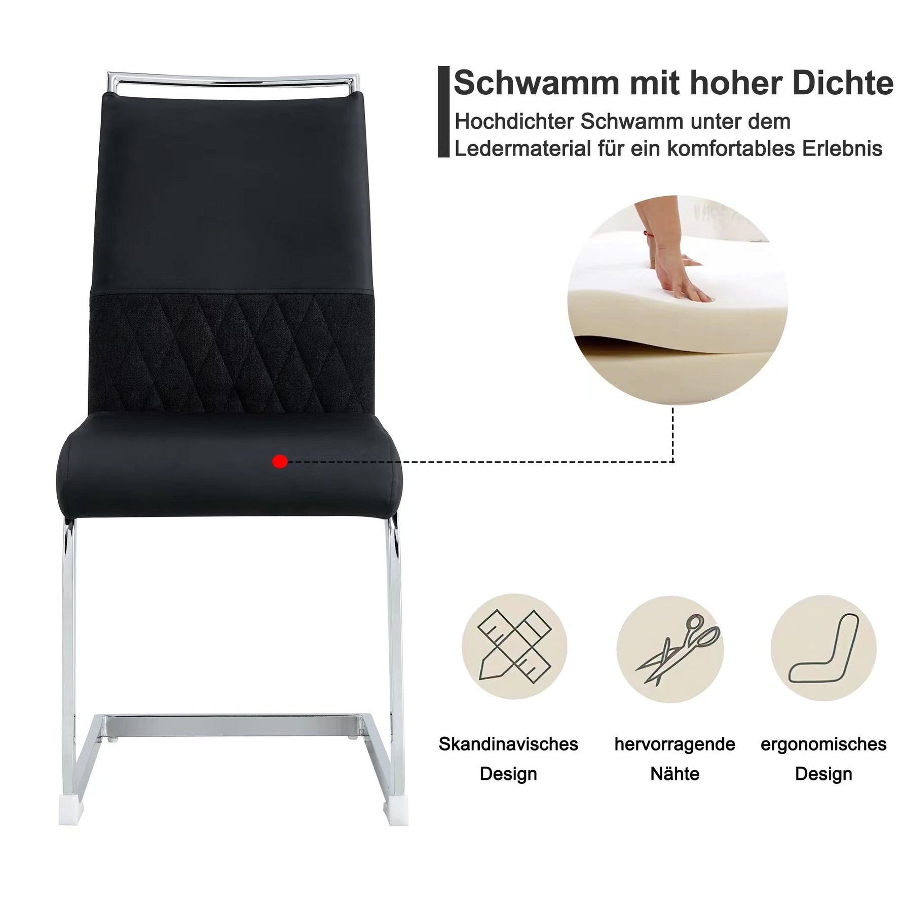 Modern Dining Chairs Set of 2 High-Backed Upholstered Side Chairs with Stripe Backrest PU Leather Linen Black