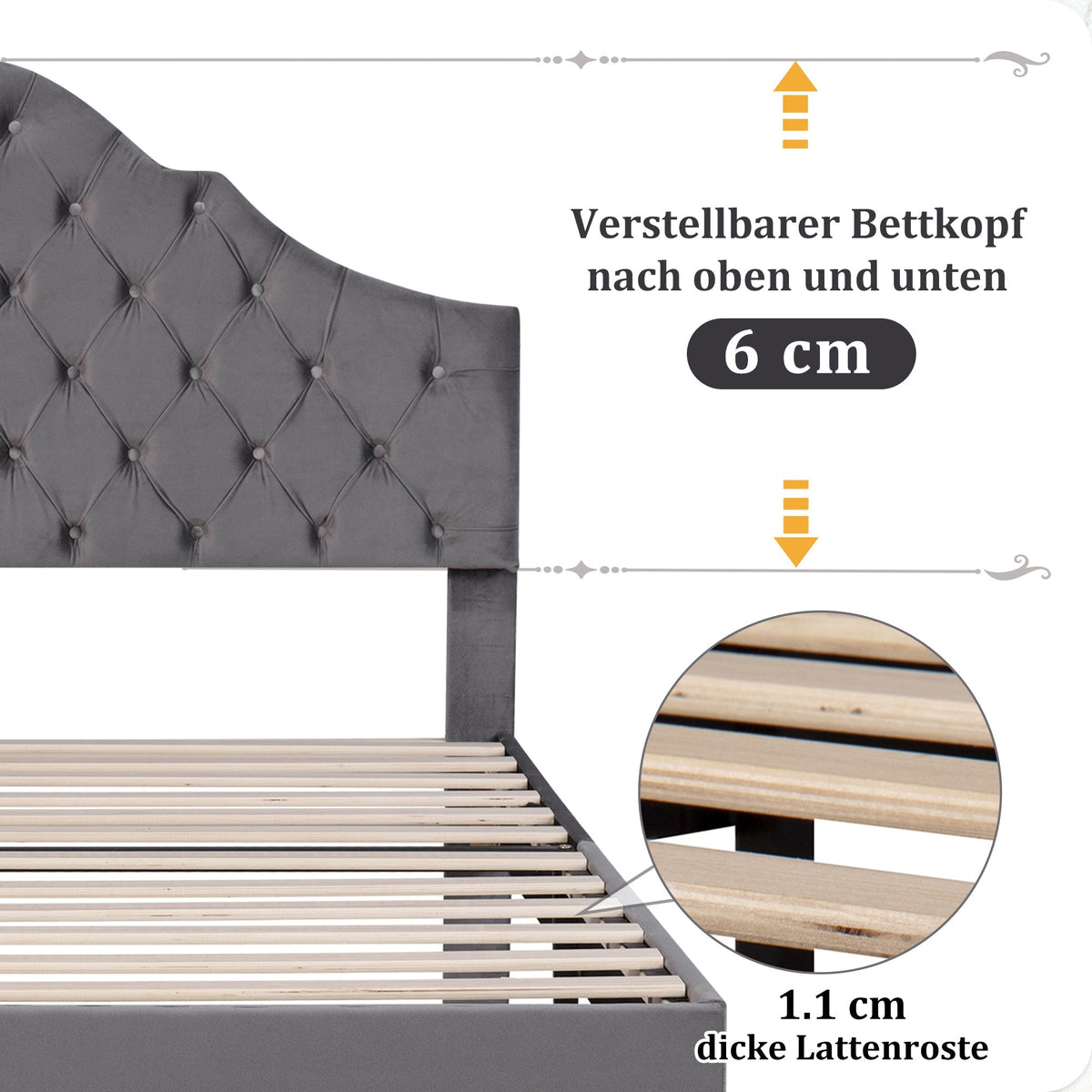 Upholstered Bed with Slatted Frame and Height-Adjustable Headboard, 140x200, Gray Velvet