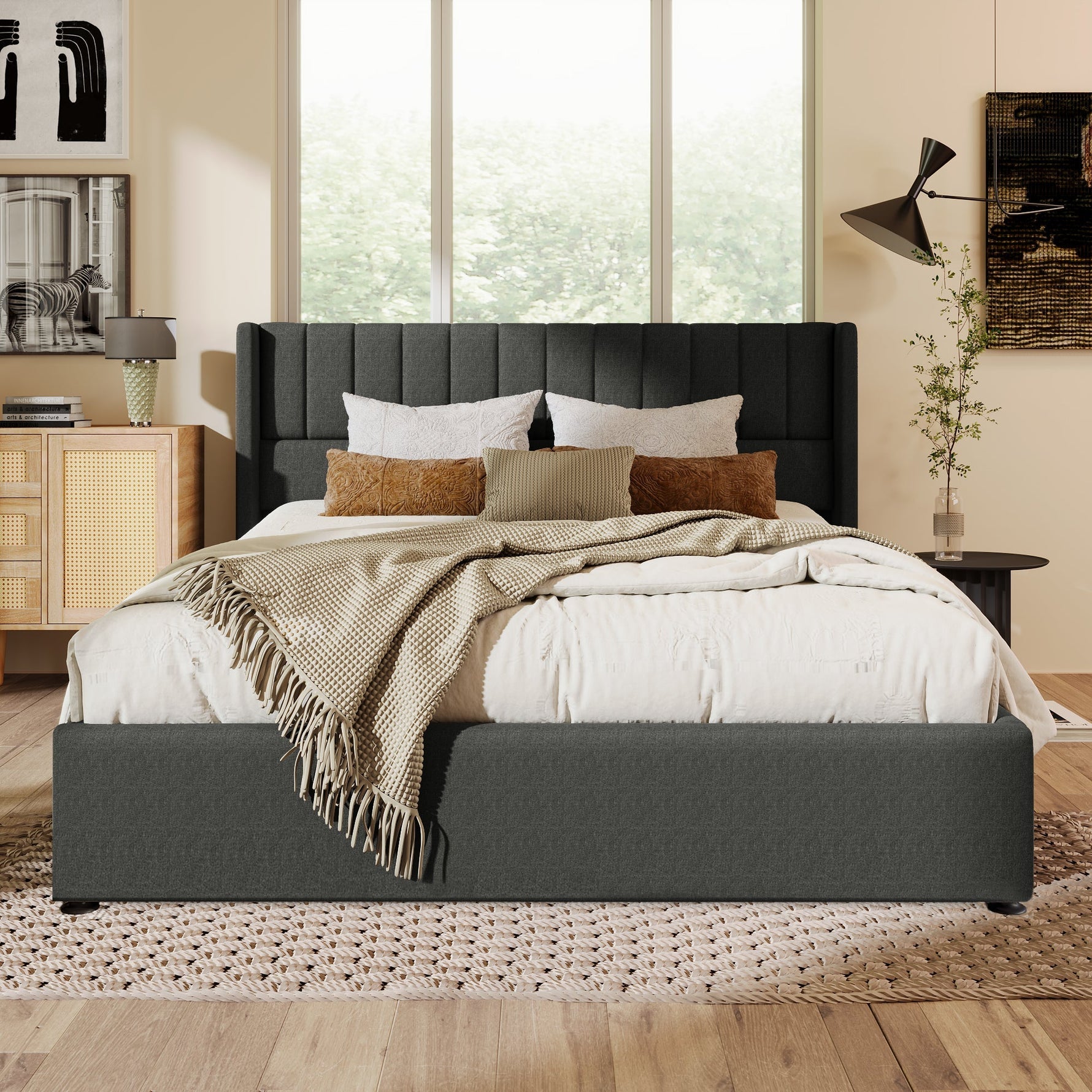 Storage Bed, Hydraulic Double 160x200cm Wooden & Metal Slatted Frame, Linen Grey