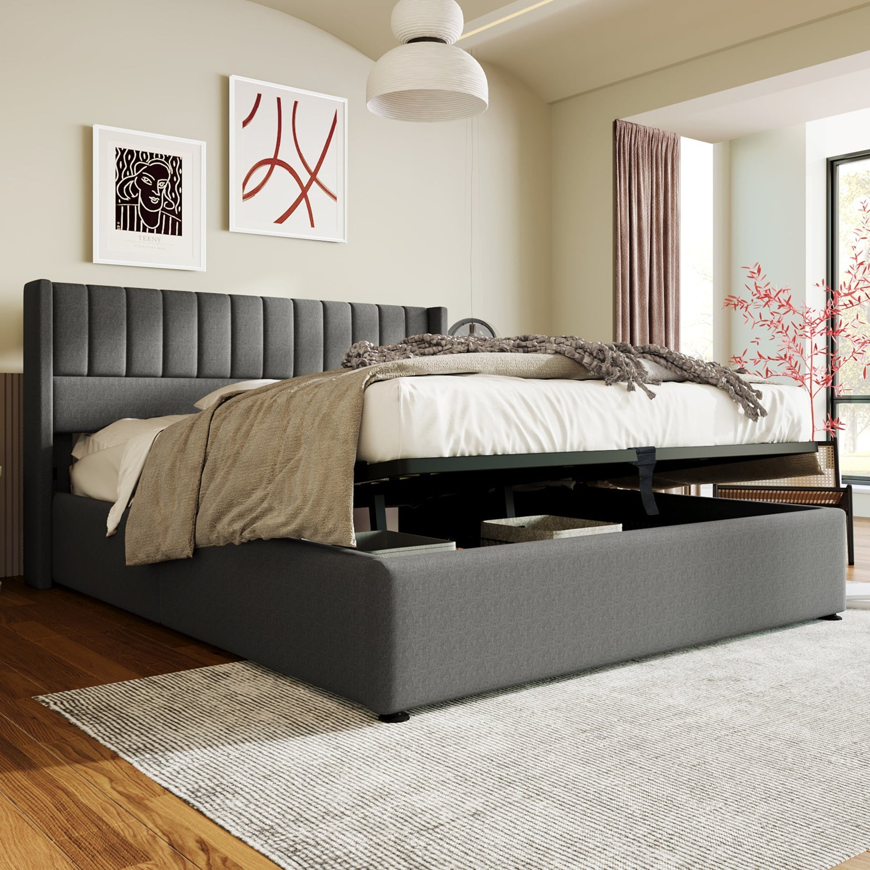 Storage Bed, Hydraulic Double 160x200cm Wooden & Metal Slatted Frame, Linen Grey