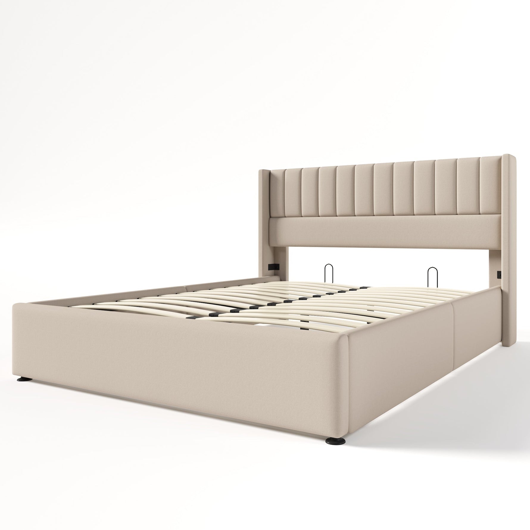 Storage Bed, Hydraulic Double 160x200cm, Wooden Slatted, Beige Linen