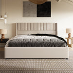Storage Bed, Upholstered Hydraulic Double Bed 140x200cm, Linen Beige