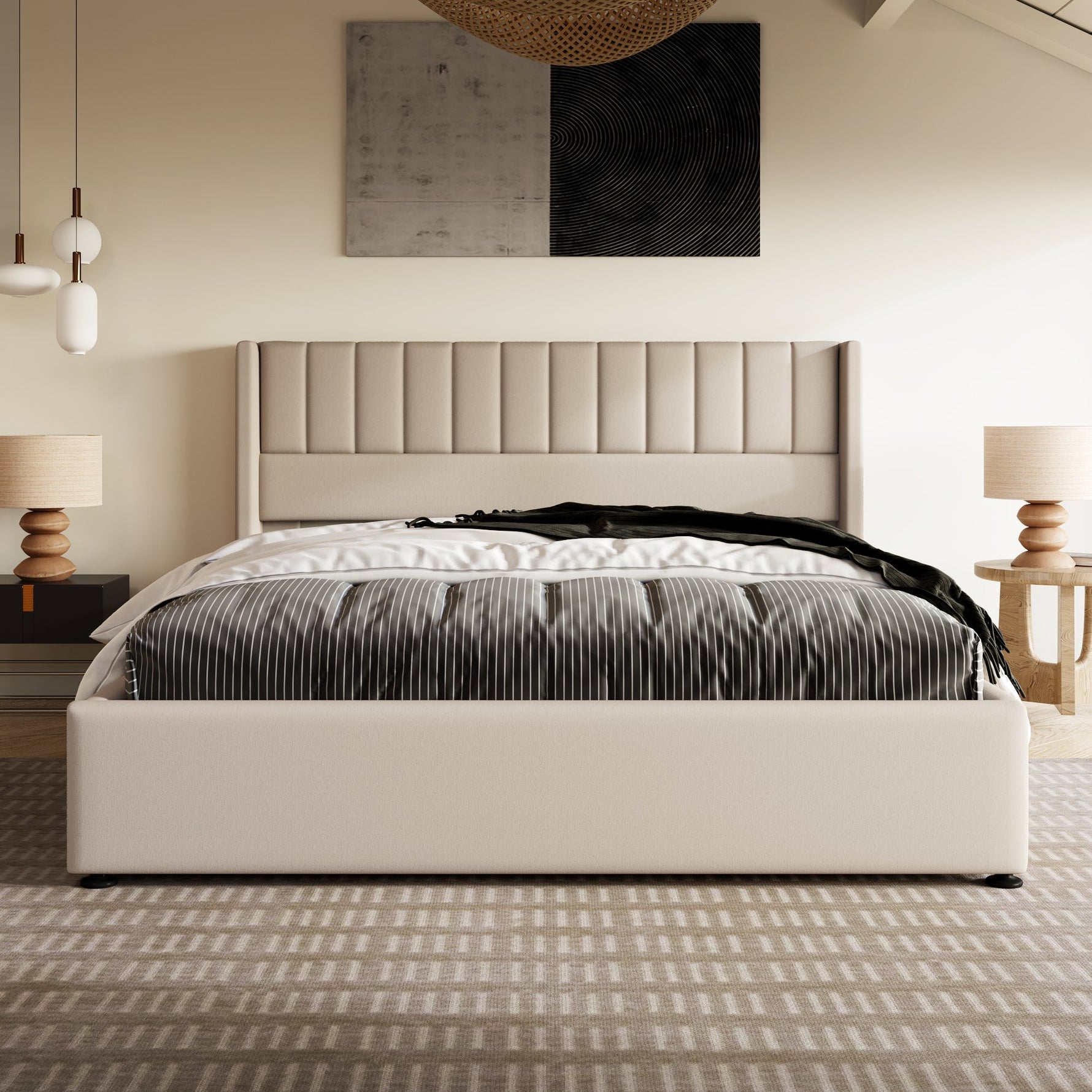 Storage Bed, Upholstered Hydraulic Double Bed 140x200cm, Linen Beige