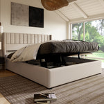 Upholstered Hydraulic Storage Bed, 180x200cm, Beige Linen