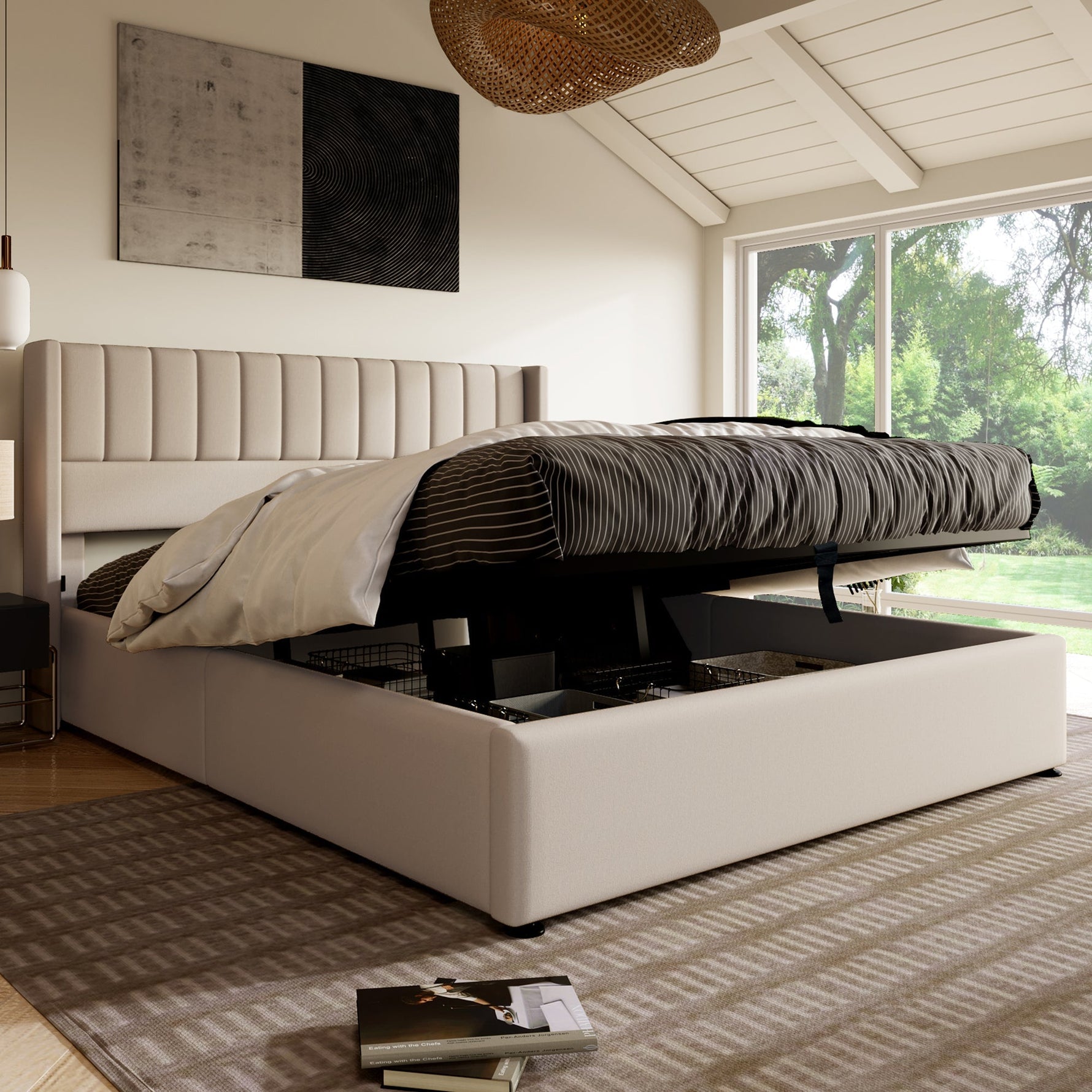 Upholstered Hydraulic Storage Bed, 180x200cm, Beige Linen