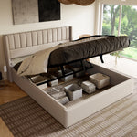 Storage Bed, Upholstered Hydraulic Double Bed 140x200cm, Linen Beige