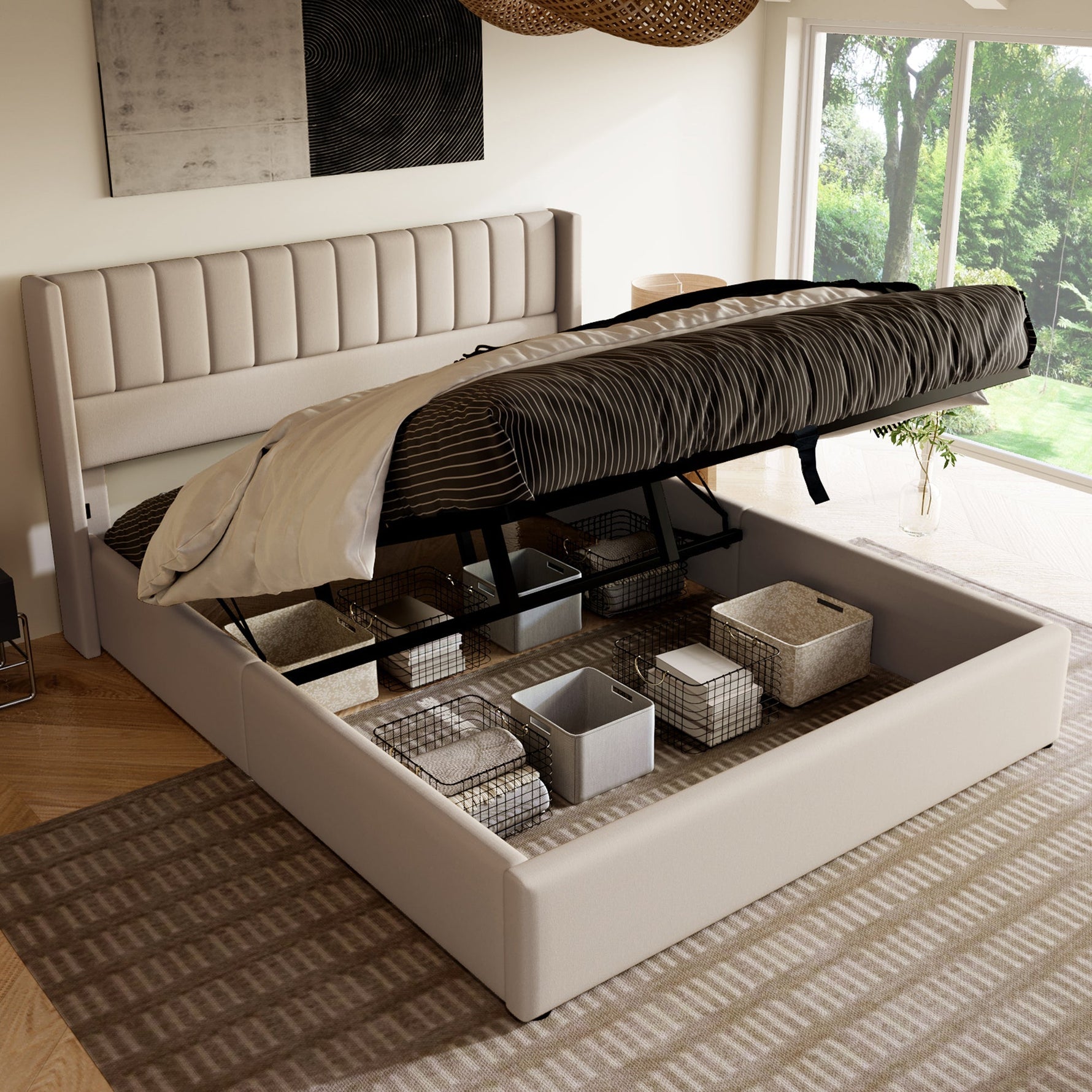 Storage Bed, Upholstered Hydraulic Double Bed 140x200cm, Linen Beige