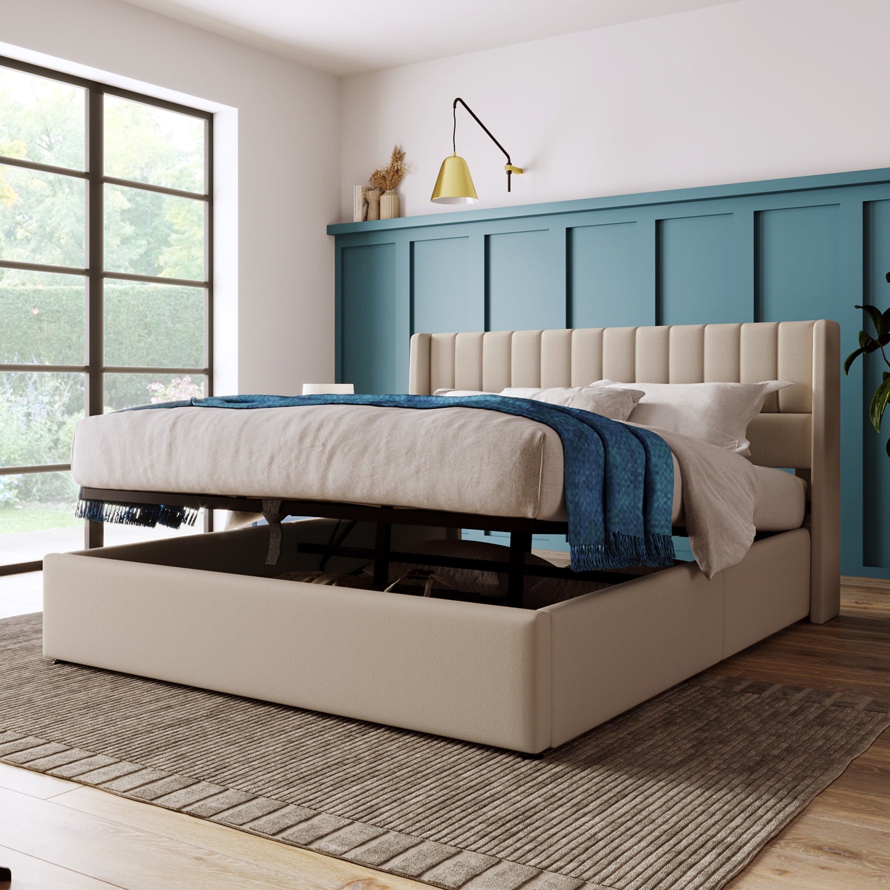 Storage Bed, Hydraulic Double 160x200cm, Wooden Slatted, Beige Linen