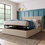 Upholstered Storage Bed, Hydraulic Double 140x200cm with Mattress, Linen Beige