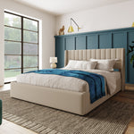 Storage Bed, Hydraulic Double 160x200cm, Wooden Slatted, Beige Linen