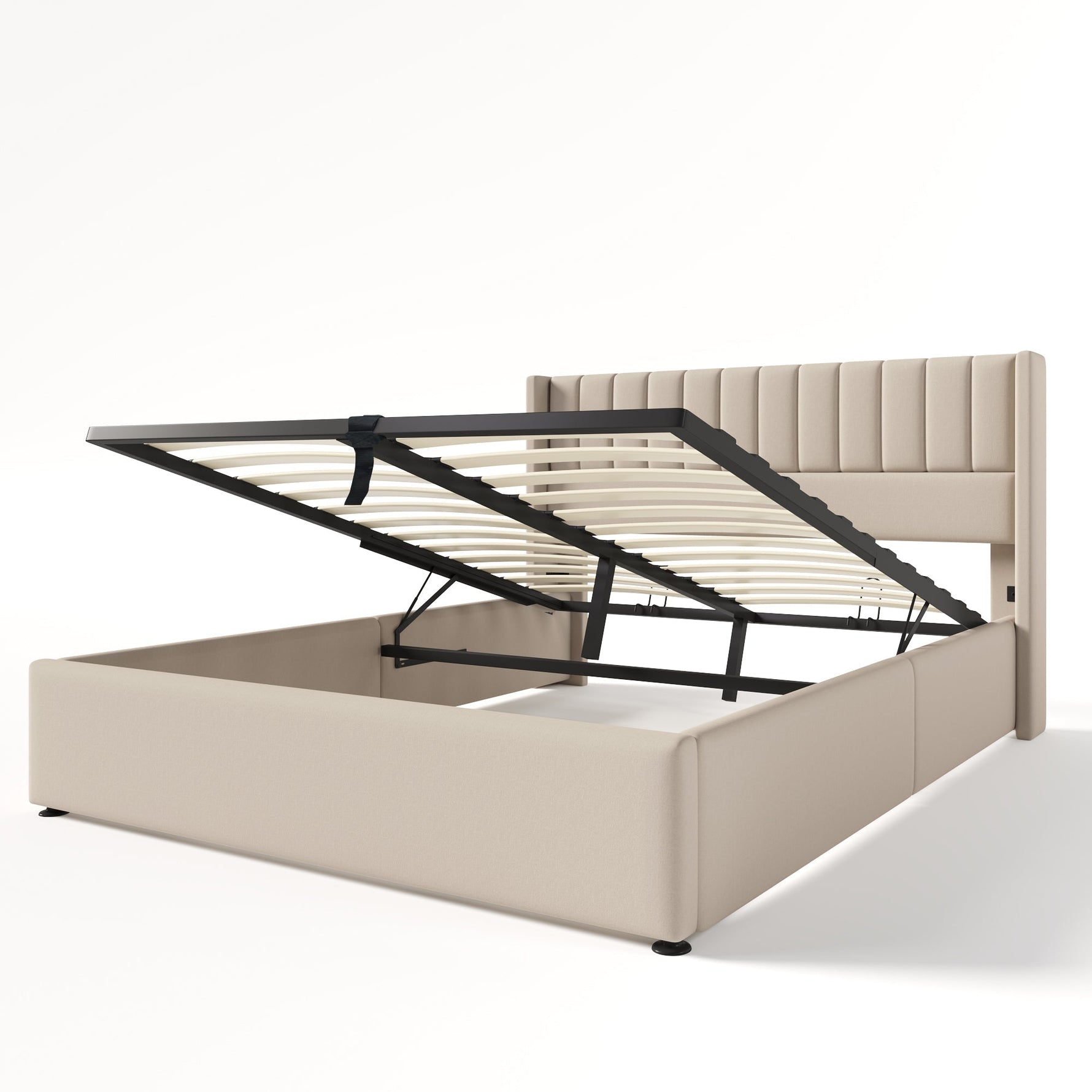 Storage Bed, Hydraulic Double 160x200cm, Wooden Slatted, Beige Linen
