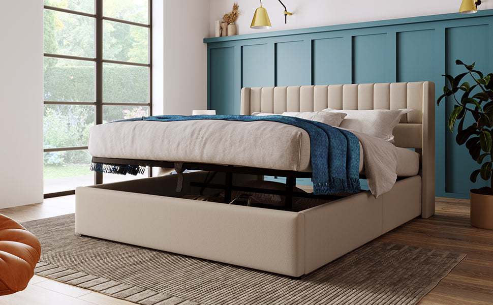 Storage Bed, Hydraulic Double 160x200cm, Wooden Slatted, Beige Linen