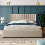 Upholstered Storage Bed, Hydraulic Double 140x200cm with Mattress, Linen Beige